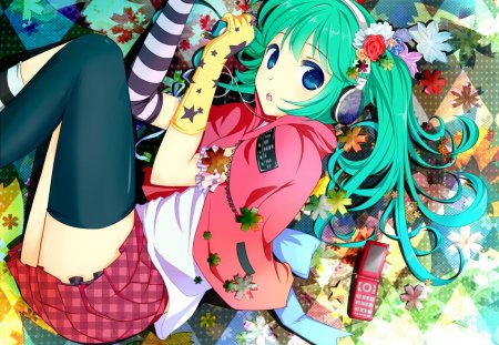 Hatsune Miku - anime girl, vocaloid, twintails, hatsune miku, green hair, long hair, flowers, headphones, blue eyes