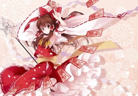 Hakurei Reimu - anime, dress, girl, brown hair, long hair, touhou, miko dress, hakurei reimu, ribbons