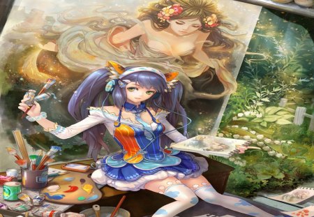 Art of Paint - twin tails, headphone, paint, anime girl, female, hot, thighhighs, dress, airbrush, colors, cool, long hair, picture, blue hair, sexy, art of paint