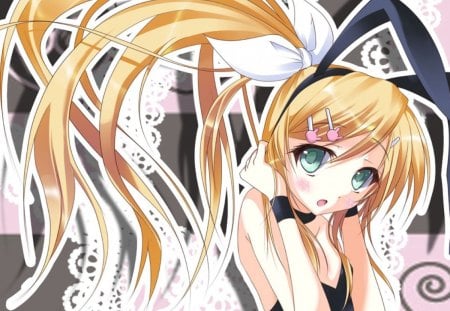 Kagamine Rin - long hair, blonde hair, kagamine rin, vocaloid, anime, green hair, anime girl, bunny ears