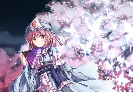 Saigyouji Yuyuko - fan, hat, pink hair, anime girl, saigyouji yuyuko, touhou, cherry tree, anime, short hair, dress, butterflies, pink eyes