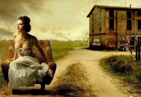 GORGEOUS GIRL - chair, house, girl, road