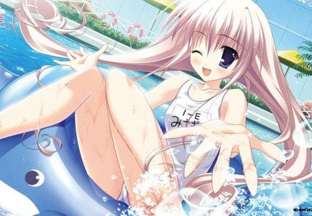 Anime Girl - anime, swimsuit, anime girl, water, cute, long hair, white hair, blue eyes