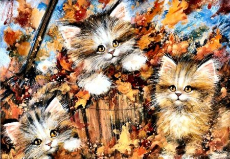 Autumn kitties - painting, art, animal, cute, kitten