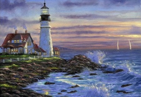 Robert Finale - Lighthouse Maine - lighthouses, sailboats, creative pre-made, rocks, oceans, painting, robert finale, art, paintings, houses, lighthouse, summer, nature, love four seasons, panoramic view, seasons, scenery, sunrise, splash