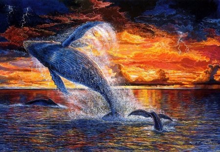 SUNSET BREACH - humpback, whale, sunset, mammals, painting, thunderstorm, oceans, artwork, clouds, whales, giants, wildlife, deep sea, artworks, end of day, lightning, horizons, sea