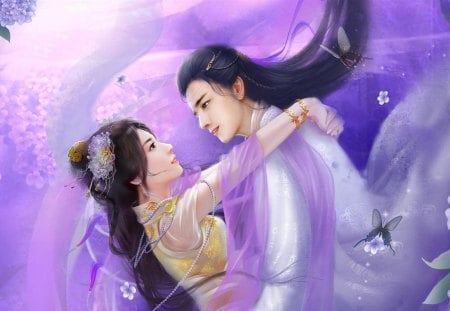 Asian Lovers - hugging, holding, romance, love, man, caring, oriental, purple, woman, asian