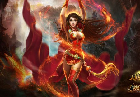 lady of Fire - black hair, magic, red, fire