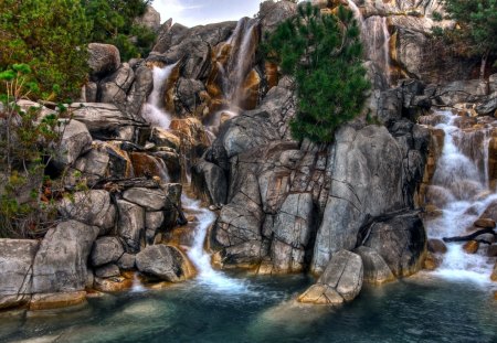 river rock falls - pools, waterfalls, lagerocks, pinetrees