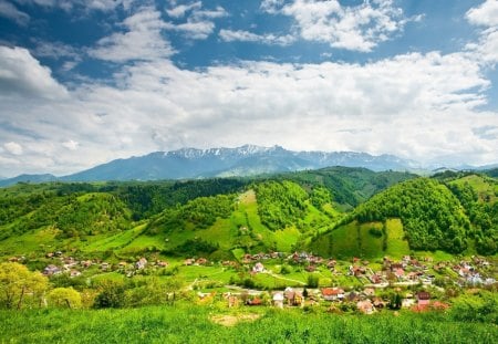 Mountain village - village, clouds, skies, summer, green, grass, moutain