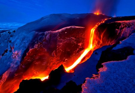 EVENING CHANNEL FLOW - slopes of the volcano, lava, magma, snow, mountains, izberzhenie, temperature