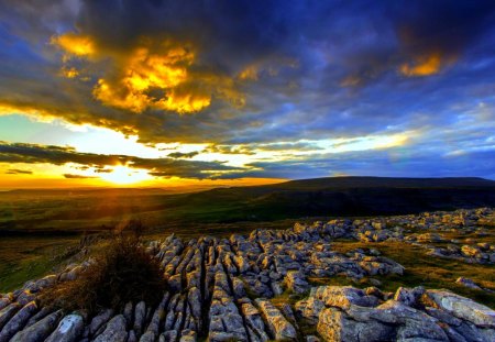 SUNSET CLOUDS - field, rocks, sunset, landscape