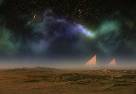 Celestial Sight - moon, aurora, pyramid, night, stars, sand