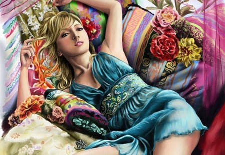 Dozing in Comfort - doze, blue, sleepy, pillows, lazy, sleepin, colorful, sleep, blond, color, dozing, nightgown