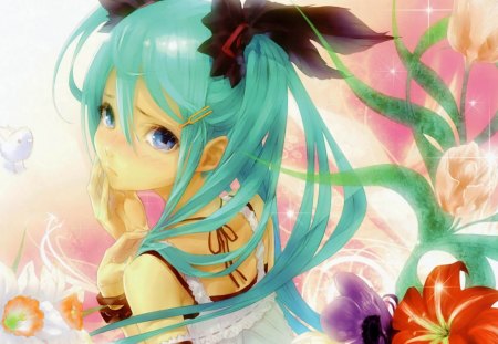 Hatsune Miku - kiss, white flower, bikini, purple, breasts, pink, sexy dress, vocaloid, shy girl, blue, chibi, bra, miku hatsune, pretty girls, cute, beautiful, white, brown, green long hair, violet, seductive, pretty, aqua, beautiful girls, tagme, long hair, seductive girl, sexy, green, hot girls, hatsune miku, girls, miku, blush, indigo, cute girls, singer, swimwear, gray, ecchi, red, panty, moe, lingerie, flowers, anime, yellow, sexy girls, nightwear, petals, loli, female, red flower, hatsune, black, hot, girl, eyes, bow, anime girls, youth, aqua long hair, pink flowers, short hair, kawaii, yuri, shy, dress, orange, music, bows