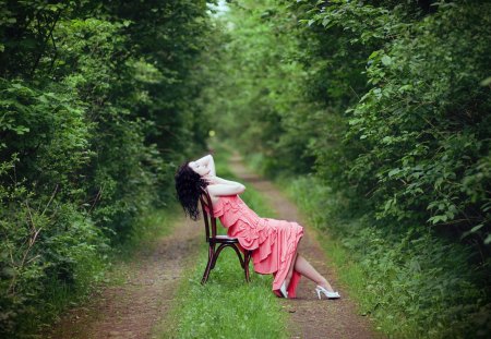 Girl in the green road - pretty, road, beauty, model, beautiful, brunette, girl, babe, lovely, sexy, pink dress, fashion