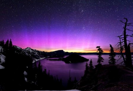 Pink aurora over the crater lake.. - lake, aurora, pink, purple