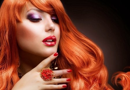 Red haired beauty - girl, beauty, flower, red hair, lips, make-up, woman, model, ring, sexy