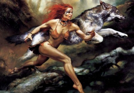 Running with wolves - wolf, run, girl, dog, forest, tree, vampire, red hair, fantasy, animal, painting, woman, lycan, art, sexy