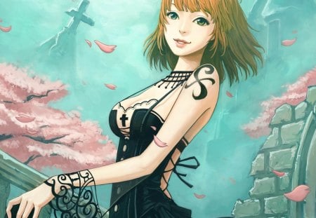 Spring wind - tattoo, anime, sakura, girl, spring, flower, pink, bloom, manga, petal, black dress, ruins