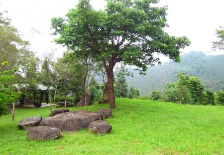 A view of the mountains - grasses, mountains, stone, pavilion