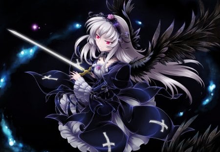 Suigintou - hot, female, wings, black wings, anime girl, hairband, gothic, red eyes, cool, sword, sexy, goth, purple hair, rozen maiden, hair flower, smile, dress