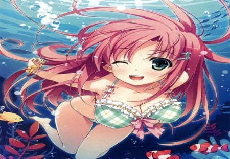 Fuuma Akari - swim, sexy, hot, female, swimsuit, long hair, anime girl, red hair, underwater, cool, fish, blush, wink, breasts