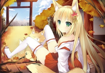 Foxgirl - foxgirl, anime, skirt, animal ears, cute, thigh highs, long hair, leaves