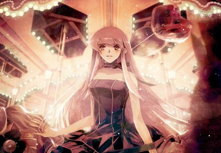 Anime girl - red, lights, girl, dress