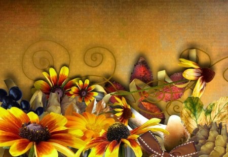 Autumn Fall - daisy, gold, fleurs, leaves, black eyes susan, flowers, berries, fall, cones, autumn, ribbon, bow, swirls