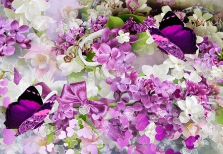 Rhapsody in Lavender - papillon, lavender, summer, plumeria, romantic, butterflies, lilac, spring, lilacs, fleurs, bouquet, flowers, purple, butterfly, frangipani, hearts