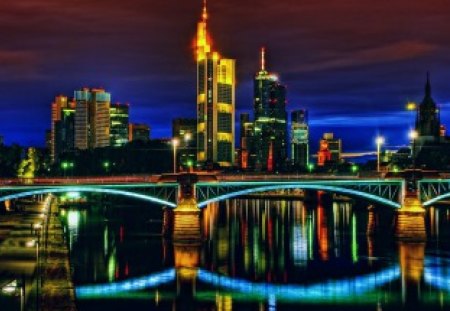 Frankfurt at night - pretty, summer, europe, amazing, night, reflection, twilight, nice, sky, frankfurt, clouds, beautiful, mirrored, city, lovely, cityscape, buildings, pier, river, germany, lights, dusk, bridge