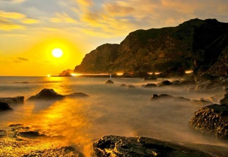 COASTAL SUNSET - beauty, sky, beach, taiwan, coastline, water, sunset, coast, rocks, reflection, taipei, evening, serenit, coastal, dusk, asia, hill, scenic, mountain, landscape, natural beauty, nature, nobody, east asia, twilight, sea