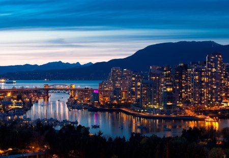 Vancouver, Canada - lights, evening, landscape, city, mountains