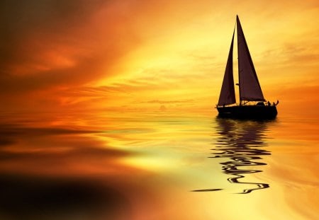 Sailboat - water, reflection, boat, sunset, sea, sailboat