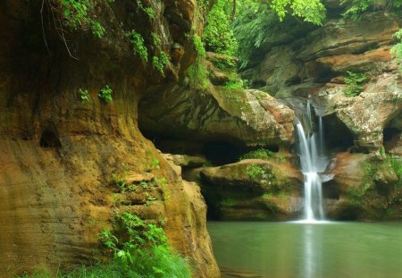 Secret Waterfalls - lake, falls, trees, daylight, day, water, waterfalls, nature, white, brown, canyon, flowing, leaves, green, rock, brush