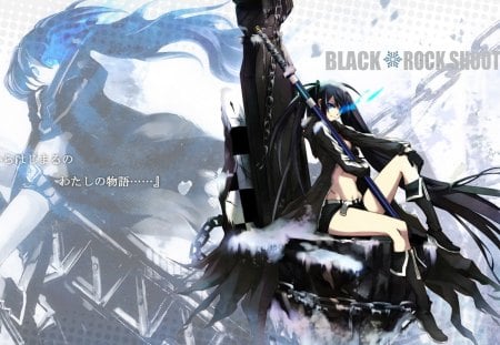 Black Rock Shooter - anime, anime girl, gun, guns, shooter, rock, girl, big guns, black rock shooter, black, gunfight, action