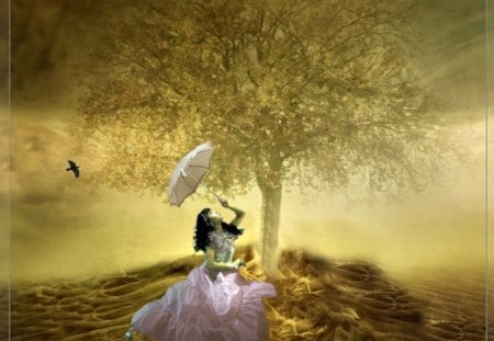 Fantasy Land - Girl with a parasol - girl, fantasy, parasol, land