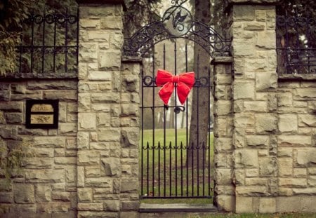 Christmas Gate - gate, red, ribbon, christmas