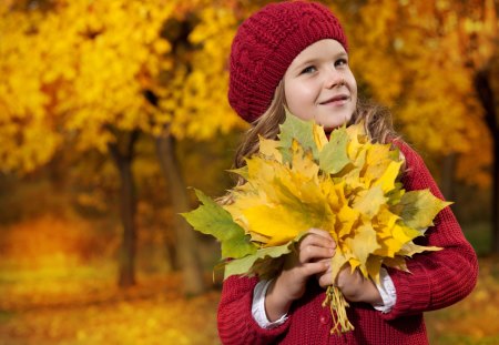 Little Lady - pretty, autumn colors, eyes, landscape, forest, leaves, red, face, woods, little lady, beautiful, girl, beauty, lovely, sweet, hands, nature, hand, autumn, cute, little, autumn leaves, adorable