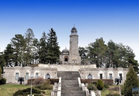 Romania, Campulung Muscel, Mausoleul Eroilor de la Mateias (Heroes from Mateias Mausoleum) - stone, blue, romania, heroes, mateias, campulung muscel, tree, mausoleum, nature, green, sky