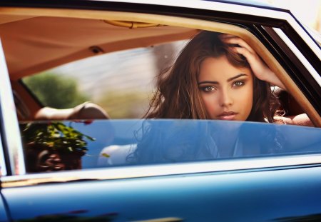 Beauty - stare, lady, adorable, lips, hair, eyes, magic, sensual lips, beautiful woman, face, car, gaze, sweet, look, cute