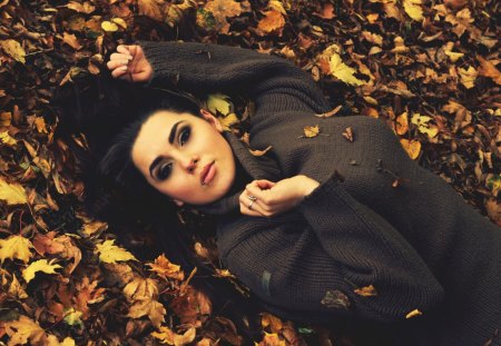 Autumn girl - stare, autumn, girl, lips, eyes, face, autumn lady, brown, beautiful, leaves, colors, cute