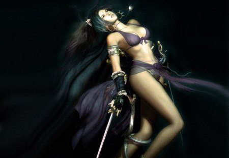 Shaiya - game, blue, girl, sword, black, fantasy, woman, sexy, shaiya