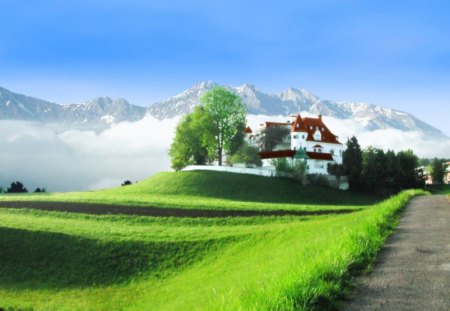 paradise place - road, house, mountain, green, grass