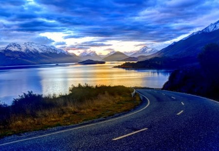 ROAD to the LAKE - clouds, nature, road, landscape, lake, mountain, sky, new zealand