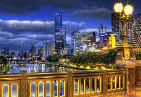 View from the bridge - summer, blue, romantic, amazing, evening, night, reflection, shore, view, streets, twilight, nice, scycrapers, sky, clouds, beautiful, city, lovely, pier, river, big, lights, dusk, bridge