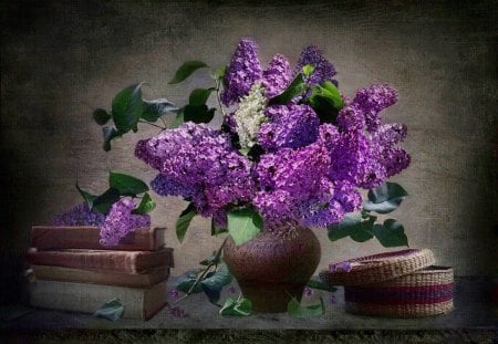 Still life - nice, freshness, delicate, room, basket, still life, pretty, table, harmony, fresh, lovely, vase, lilacs, wall, beautiful, books, flowers