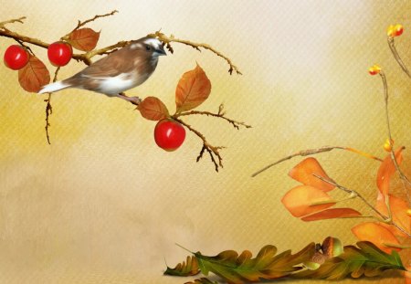 Autumn Simple - breeze, bird, yellow, nuts, acorns, gold, leaves, tree, ground, berries, fall, wind, autumn, cold, chill, amber