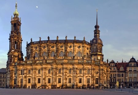 cathedral in dresden - cathedral, towers, moon, square